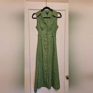 Sage Green Button-Front Sleeveless Linen Dress Petite Size Small